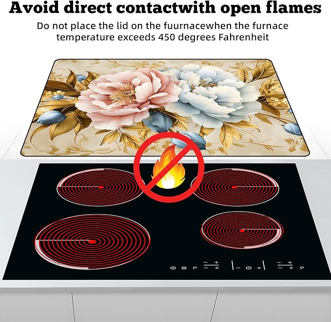 Multi-Design Stove Top Cover for Glass/Electric Stoves - 3-in-1 Heat-Resistant Protector Mat, Non-Slip Drying Rack 28"x20" (Pink-White Peony)