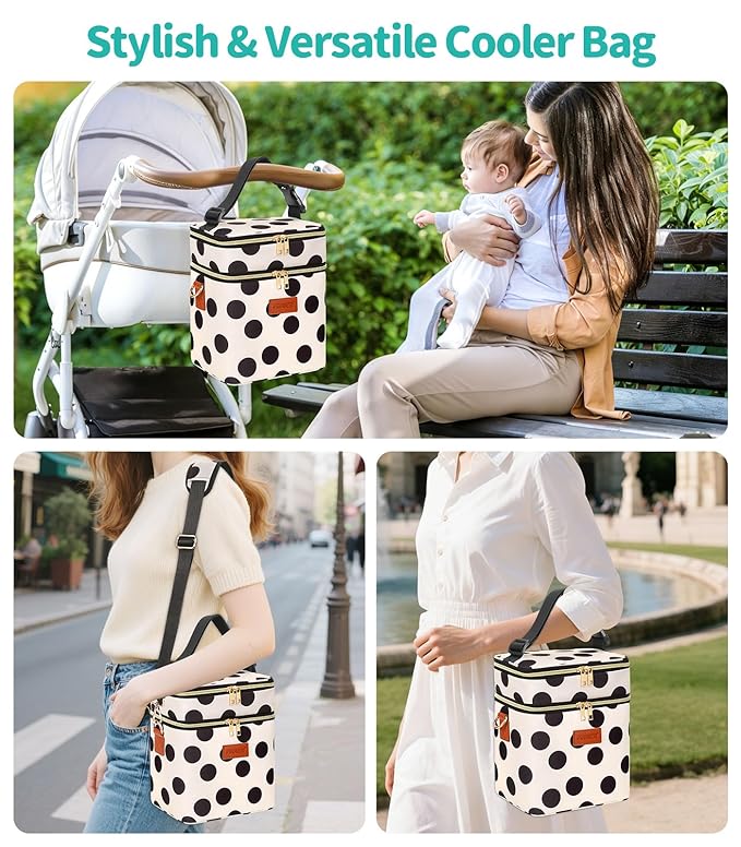 PIIOSER Breastmilk Cooler Bag with Ice Pack, Fits 6 Baby Bottles Up to 9 Oz, Stylish Baby Cooler Travel Bags with Shoulder Strap, Double Layer & Leakproof for Nursing & Working Moms, Black Polka Dots