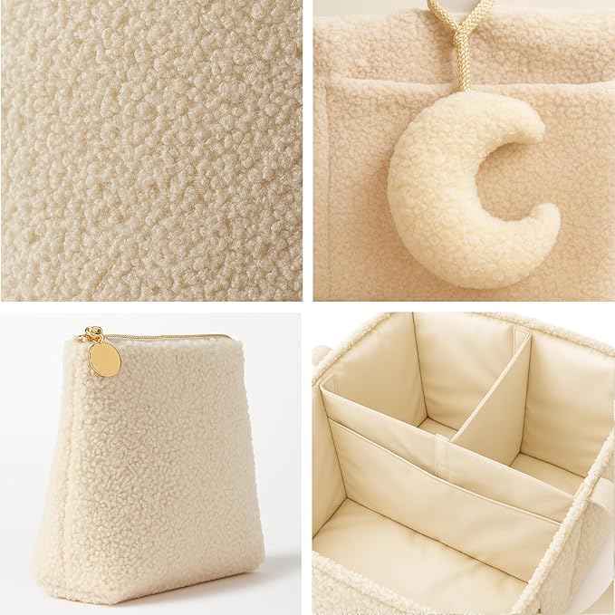 Orelle Bouclé Diaper Caddy Organizer with Matching Pouch & Moon Pendant | Teddy Portable Changing Table Organizer | Must-Have Baby Shower Gifts | Cream