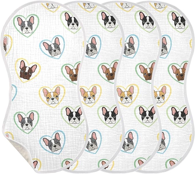 4 Pack Muslin Burp Cloths Bulldog Hearts White Cotton Baby Burp Cloths Ultra Absorbent Soft Thick Burping Cloth for Newborn Babies Boys Girls 22x11 Inch