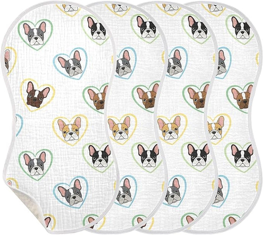 4 Pack Muslin Burp Cloths Bulldog Hearts White Cotton Baby Burp Cloths Ultra Absorbent Soft Thick Burping Cloth for Newborn Babies Boys Girls 22x11 Inch