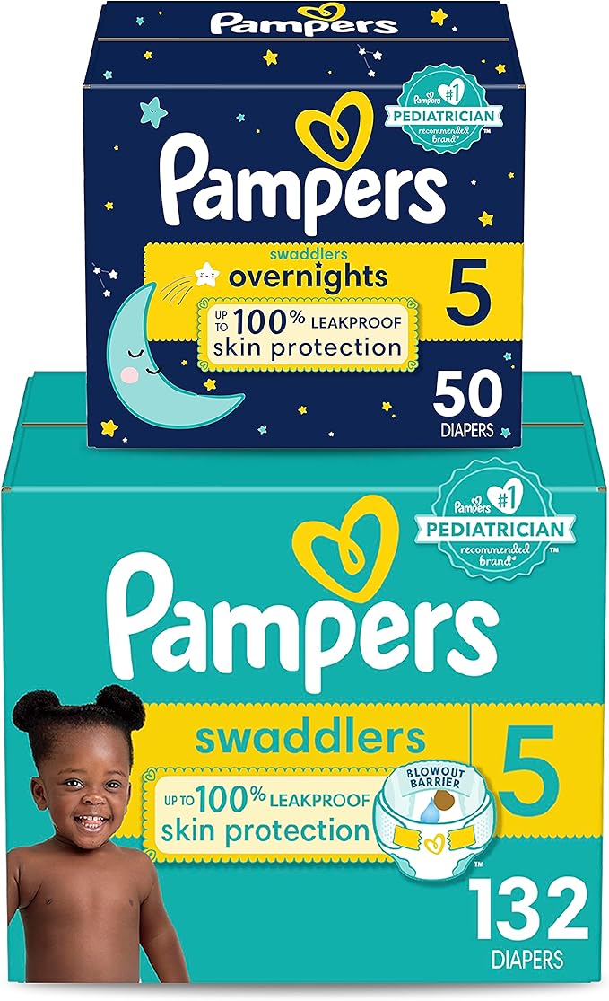 Pampers Disposable Diapers Size 5, Swaddlers 132 Count + Overnight (50 Count)