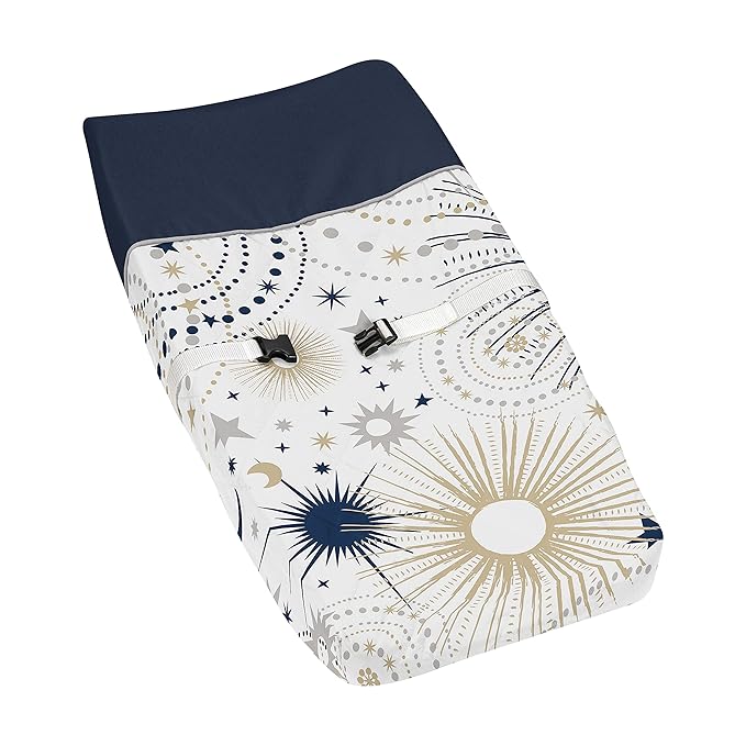 Sweet Jojo Designs Star and Moon Boy or Girl Baby Nursery Changing Pad Cover - Navy Blue, Gold, and Grey Celestial Sky Stars Gender Neutral Unisex