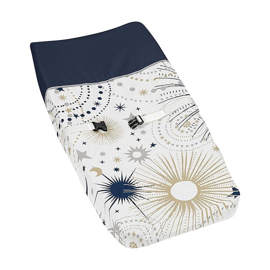 Sweet Jojo Designs Star and Moon Boy or Girl Baby Nursery Changing Pad Cover - Navy Blue, Gold, and Grey Celestial Sky Stars Gender Neutral Unisex