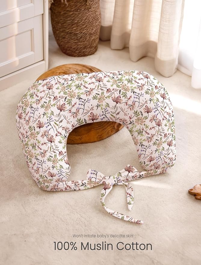 lulumoon Muslin Nursing Pillow Covers - 2-Pack Soft Cotton Slipcovers for Breastfeeding & Bottle-Feeding - Extension Strap for Snug Fit & No Sliding - Hidden Zipper Safety for Newborn Baby