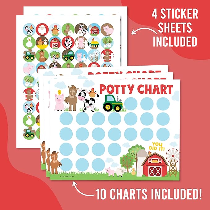 Hadley Designs Potty Training Chart for Toddlers Boys -10 Sticker Potty Chart for Toddlers Girls, 8.5x11 Potty Training Sticker Charts for Toilet Success, Farm Animals Toddler Reward Chart for Kids