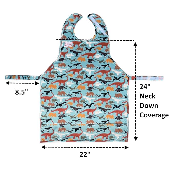 BIB-ON XL, Full-Coverage Bib and Apron Combination for Toddler, Kids Ages 3 and Up. (Dinosaurs)