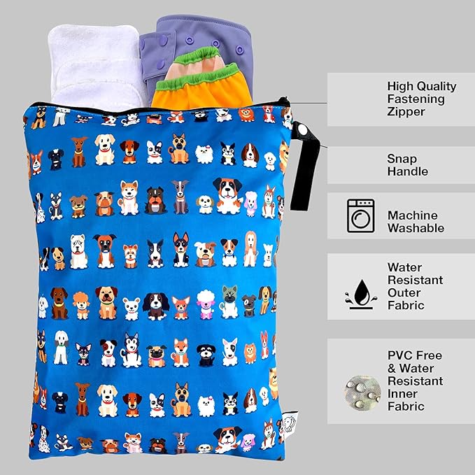 FLOCK THREE Washable and Reusable Wet Bag Diaper Bag Water Resistant Swimming Bag Travel Toiletries Pouch Cute Dog Print Zippered 12.6'' x 16.5''