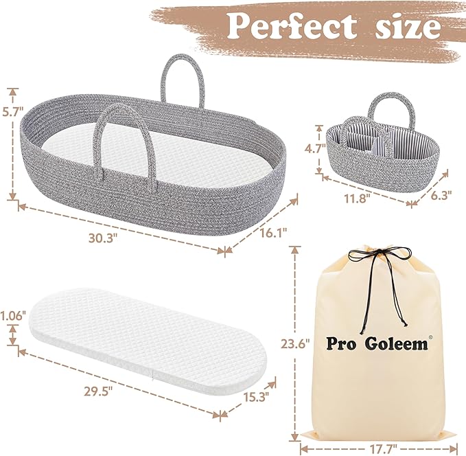 Pro Goleem Baby Diaper Changing Basket, Portable Easy to Clean Moses Basket for Newborn Babies with 1 Foam Pad 2 Waterproof Pad Covers and 1 Diaper Caddy Organizer