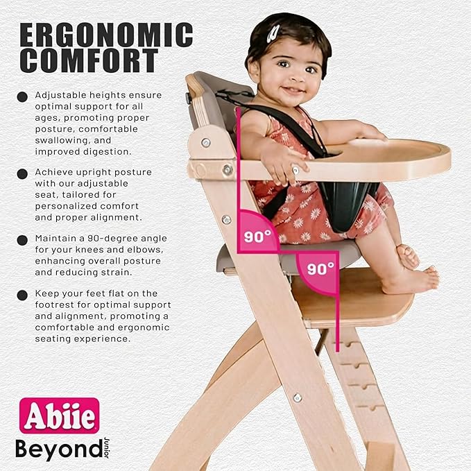 Abiie Beyond Junior Wooden High Chair for Babies and Toddlers - Convertible 3-in-1 Baby Highchair with Removable Tray - 6 Months to 250 Lb - Water Resistant - Natural Wood with Dusty Pink Cushion
