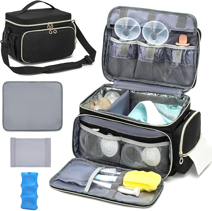 Breast Pump Bag Fit for Spectra S1 and S2 - Pumping Bag with Ice Pack & Waterproof Mat, Portable Breast Pump Storage Bag for Work, Travel and Family Use, Black