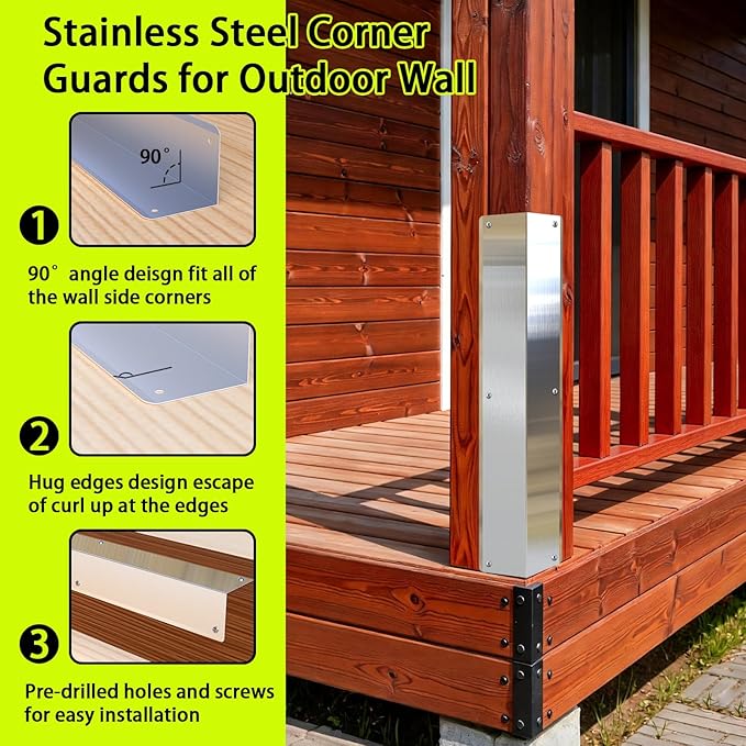 Pre-drilled Stainless Steel Wall Corner Guards 3.4x15.8 inch, Pack of 2 L Metal Wall Corner Protectors 304 Steel Corner Trim with 90° Angle Weed Whacking Protection for Outside Exterior Wall Repair