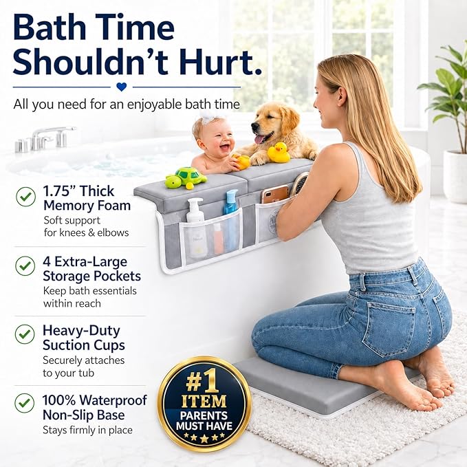 Comfortable Baby Bath Kneeler and Elbow Rest Pad Set, Non-Slip Bathtub Kneeling Pad for Bathing Baby, Bath Tub Cushion Mat, Elbow Pads, Toy Organizer Storage Pockets, Strong Suction Cups (Lua Gray)