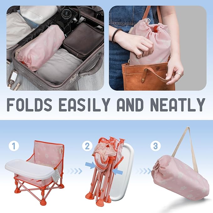 Tiny Marvels 3-in-1 Portable Baby Chair, Foldable Booster Seat with Removable Tray, Safety Harness & Carry Bag for Dining, Travel, Camping, Beach, 6M-3Y (Blush Petals)