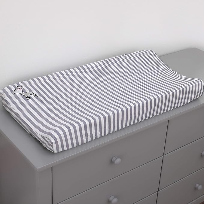 Little Love by NoJo Sweet Deer - Grey, White Stripe Plush Changing Pad Cover with Pink Deer Applique, Grey, White, Pink