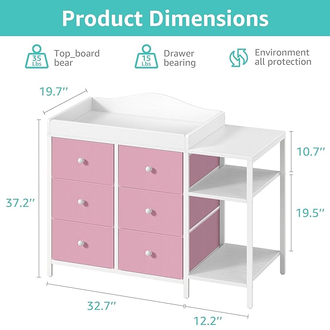 BOLUO Baby Dresser with Changing Table Top, Changing Table Dresser with 6 Fabric Drawers Diaper Changing Station with Storage Shelf for Nursery Modern