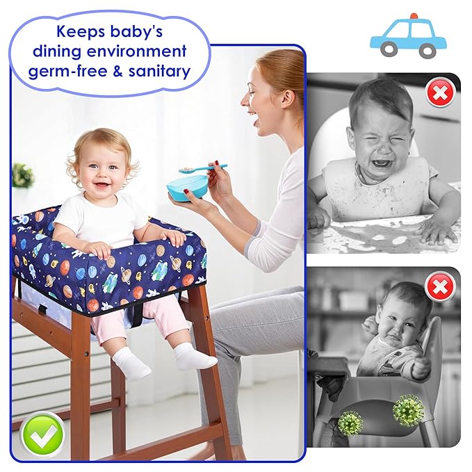 High Chair Cover, Baby High Chair Cover for Restaurants, Waterproof Portable Highchair Covers with 3-Point Harness for Eating, Travel, Home, Machine Washable, Fits Wooden Chairs (Blue)