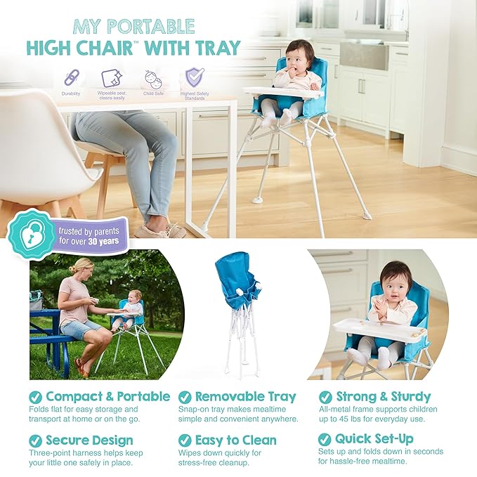 Regalo My Portable High Chair, Foldable High Chair for Babies & Toddlers, Indoor/Outdoor Baby Chair, Travel High Chair with Tray & Cup Holder, Aqua