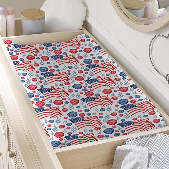 American Flag Blue Red Floral Diaper Changing Pad Covers for Boy Girl 32''x16'' Patriotic 4th of July Unisex Fitted Change Table Sheets Independence Day Soft Breathable Baby Changing Table Mats White