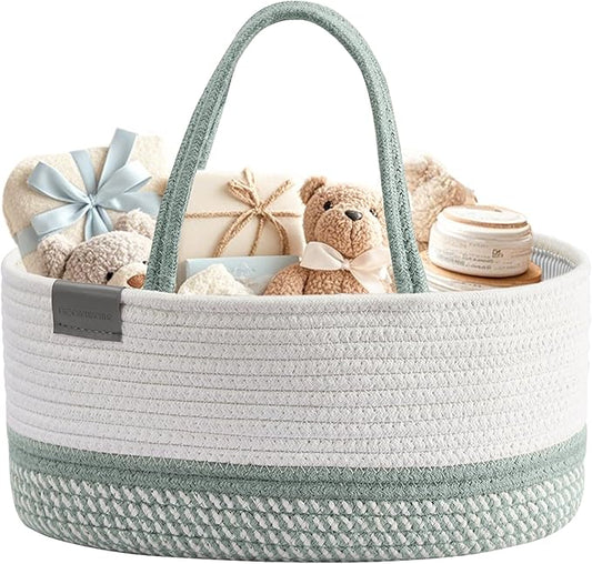 DECOMOMO Baby Caddy Organizer, Mother's Day Diaper Caddy Basket, Baby Baskets for Baby Shower (Sage Green & White, Large)