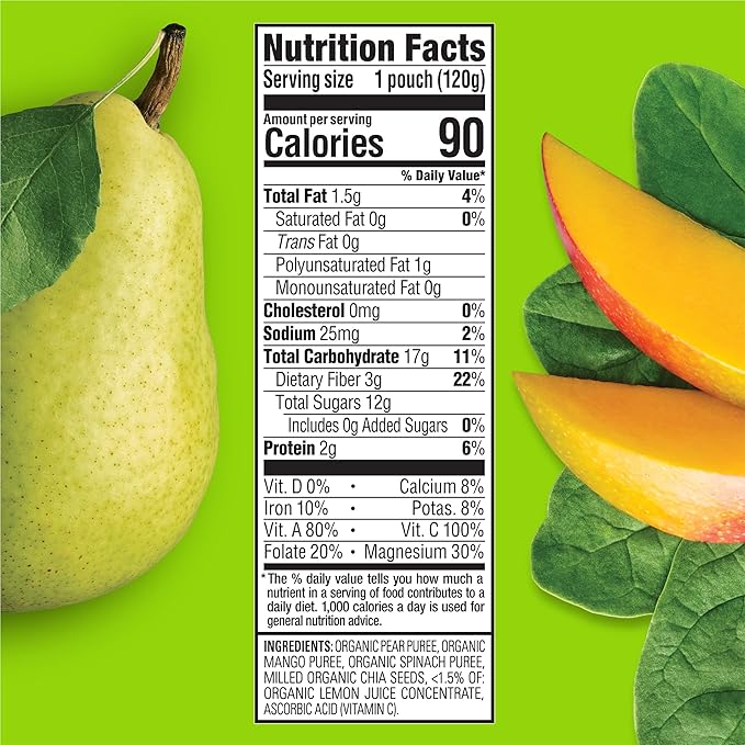 HAPPYTOT Organics Stage 4 Baby Food Pouches, Gluten Free, Vegan Snack, SuperFoods Fruit & Veggie Puree, Pears, Mango, Spinach & Chia, 4.22 Ounce (Pack of 1)