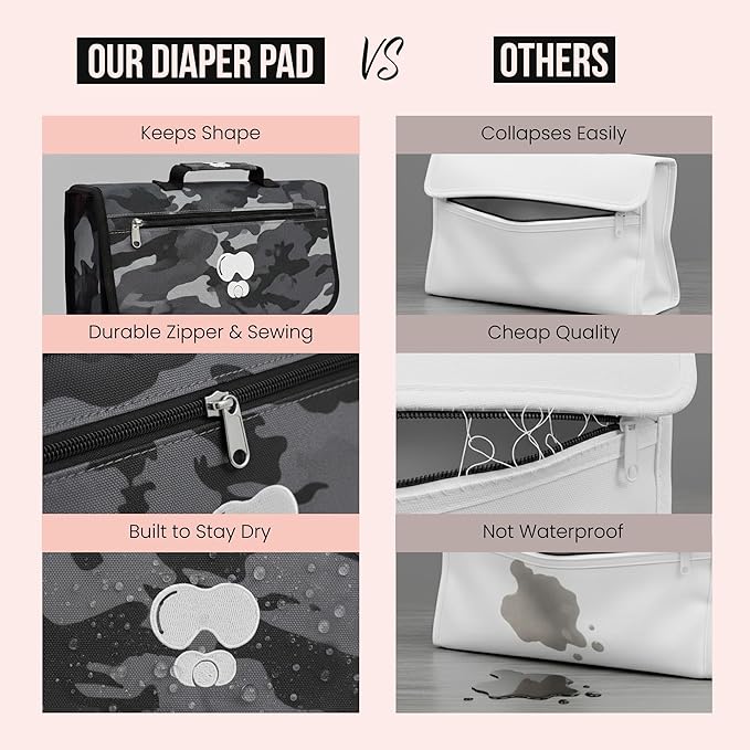 Black Grey Baby Camo Portable Diaper Changing Pad Waterproof Foldable Travel Mat with Pockets Soft Oxford Fabric Lightweight Compact Changing for Parents Multiple Pockets for Storage