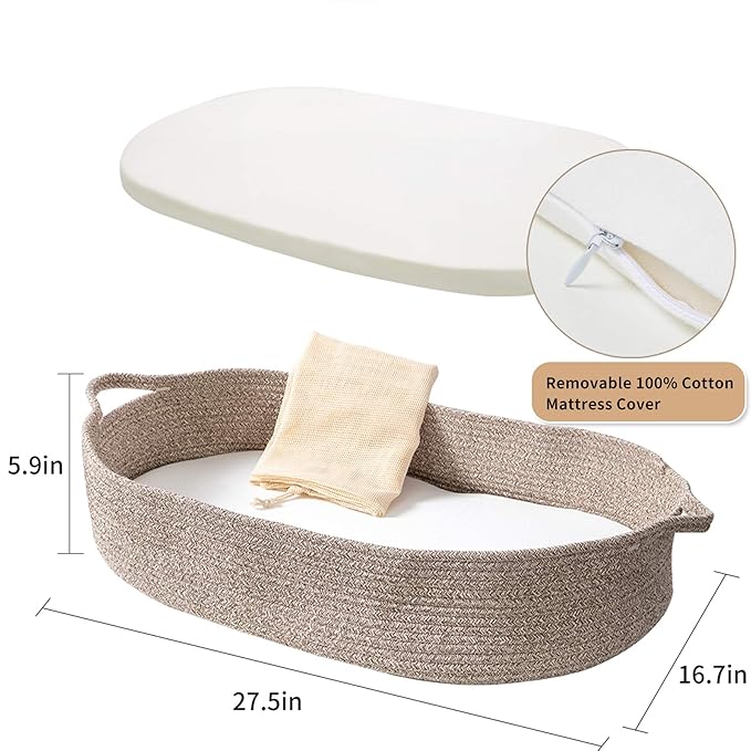 Baby Changing Basket - Moses Basket Changing Table Topper and Thick Foam Pad with Removable Cotton Mattress Cover, 100% Cotton Boho Nursery Decor with Storage Bag