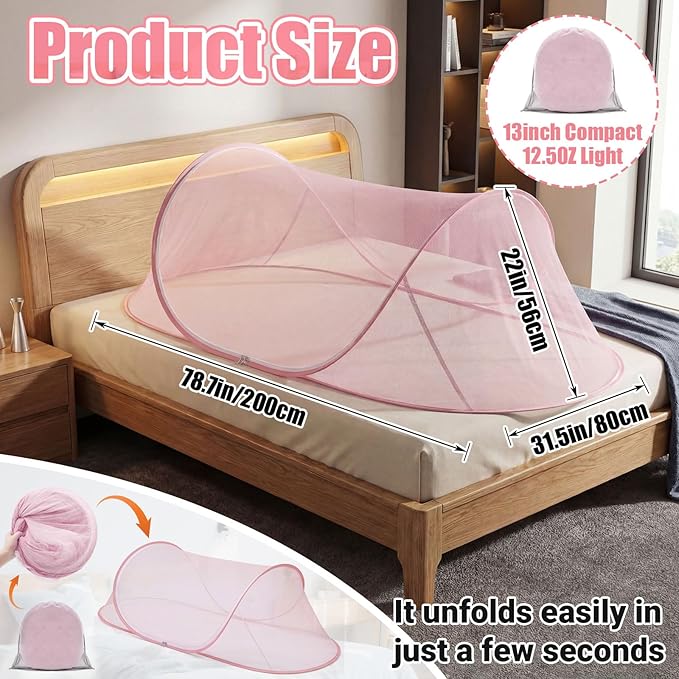 2 Pcs Large Pop up Mosquito Tent Portable Foldable Mosquito Bug Net for Bed Camping Travel Patio Outdoor 78 * 31 * 22 Inch Bug Netting Mesh Tent Canopy for Adults Bedroom, Pink