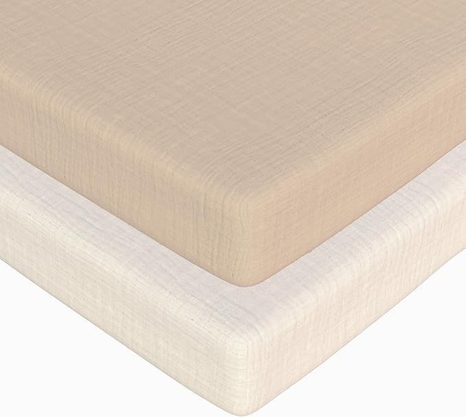 Baby Bassinet Sheets Boys –100% Muslin Bassinet Sheets Rectangle, 2 pc Bassinet Mattress Sheets, 32"x16"x 4", Oeko-TEX Certified, Bedside Bassinet Sheet (Beige + Cream)