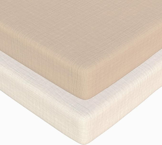 Baby Bassinet Sheets Boys –100% Muslin Bassinet Sheets Rectangle, 2 pc Bassinet Mattress Sheets, 32"x16"x 4", Oeko-TEX Certified, Bedside Bassinet Sheet (Beige + Cream)