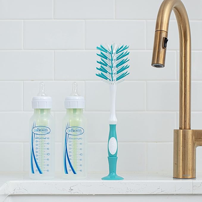 Dr. Brown's Deluxe Bottle Brush for Cleaning Baby Bottles, Nipples, and Sippy Cups with Suction Cup Stand and Vent Brush, BPA-Free, Blue, 3-Pack
