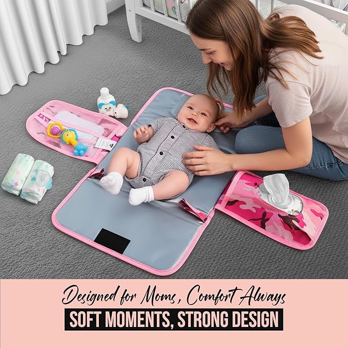 Pink Baby Camo Portable Diaper Changing Pad Waterproof Foldable Travel Mat with Pockets Soft Oxford Fabric Lightweight Compact Changing for Parents Multiple Pockets for Storage