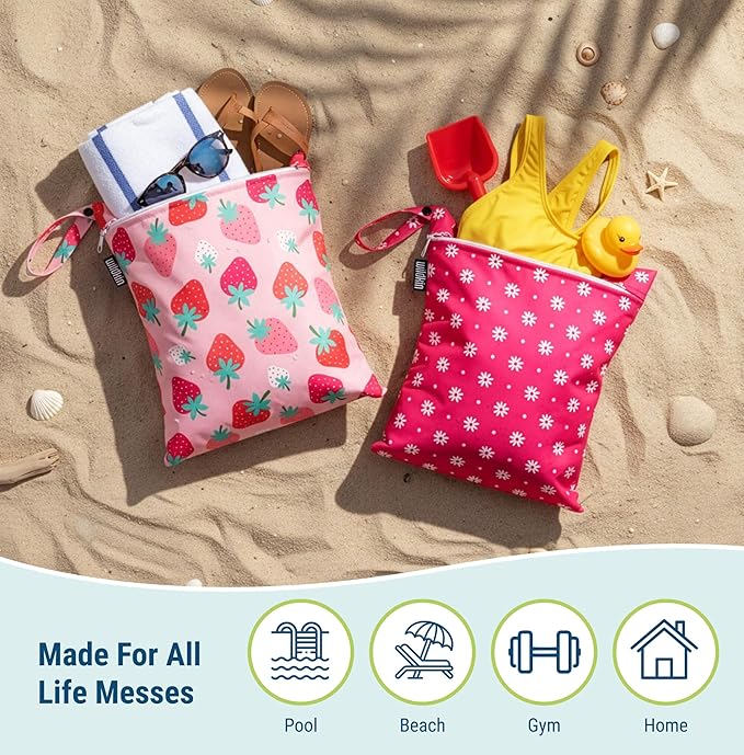 Wildkin Wet Bag Set for Boys, & Girls – Durable Zipper with Snap Loop Handle, Reusable Water-Resistant Bags for Beach, Pool, Travel & Gym - Strawberry Patch