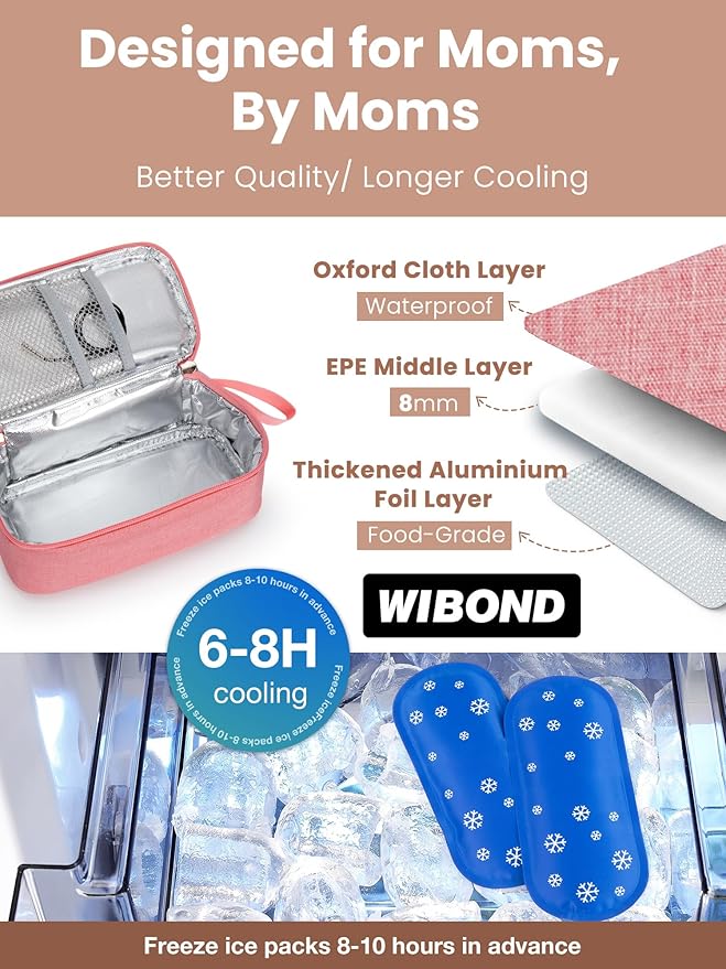 Breast Milk Cooler Travel Bag, Real-Time Temperature Display, Holds 4-6 Breastmilk Storage Bag with 2 Breast Milk Ice Pack, Cooling & Waterproof Portable Cooler for Moms on the Go(Pink)