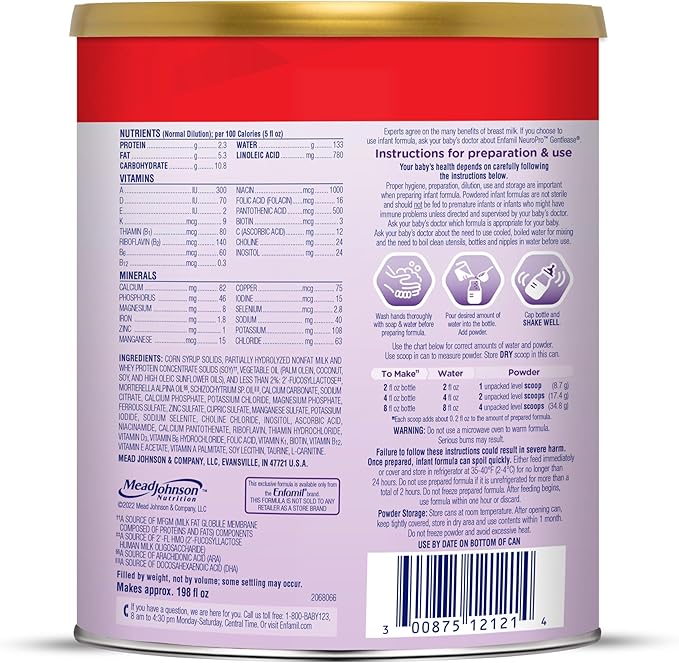 Enfamil NeuroPro Gentlease for easing Fussiness, Crying, Gas, Spit-up in 24 Hrs, Smaller Proteins for Easy Digestion, Brain Supporting DHA, Prebiotic Blend, HuMO6*, Baby Formula, 27.4 Oz Can