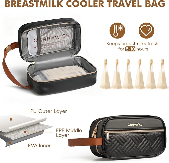 Black Breast Milk Cooler Bag – Large Capacity, Keeps Milk Cold 8+ Hours, Waterproof Insulated Travel Bag with 3 Ice Packs & Buckle Handle for Nursing Moms, Daycare, Travel