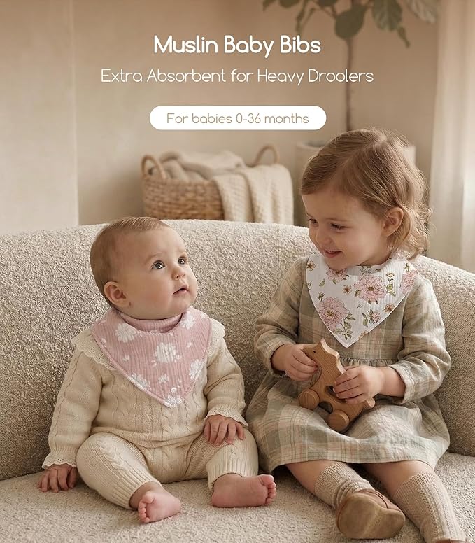 Muslin Baby Bibs 8 Pack, Baby Bandana Drool Bib for Drooling and Teething, Cotton Soft Absorbent for Girls Boys Garden