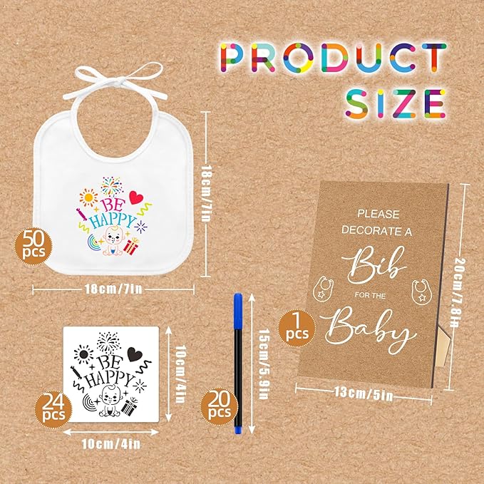 SytuHe 95 Pcs DIY Baby Bibs Decorating Kit50 White Bibs 24 Stencils 20 Fabric Markers 1 Baby Shower Game Sign