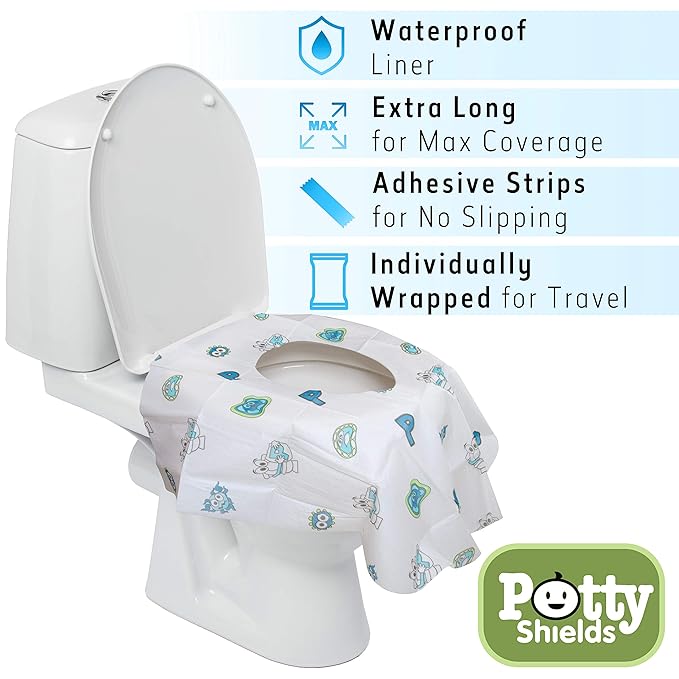 Potty Shields Toilet Seat Covers Disposable (40 Pack) - XL Waterproof Toilet Cover for Toddlers, Kids & Adults - Portable & Individually Wrapped for Travel, Potty Training, Vacations, Public Restrooms