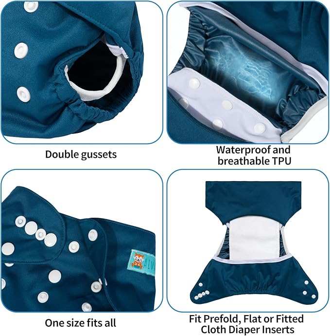 ALVABABY 6pcs Cloth Diaper Covers & 1 Wet Dry Bag, Washable Reusable Diaper Shell for Prefold with Multi-Functional Bag
