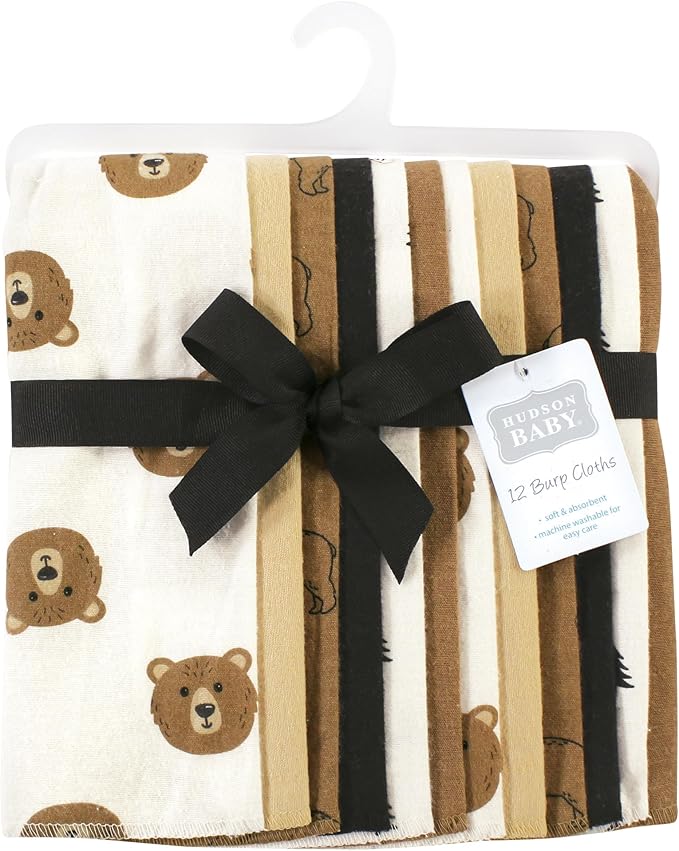 Hudson Baby Unisex Baby Cotton Flannel Burp Cloths Bundle, Brown Bear, One Size