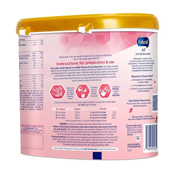 Enfamil A.R. Infant Formula, Clinically Proven to Reduce Reflux & Spit-Up in 1 Week, with Iron, DHA for Brain Development, Probiotics to Support Digestive & Immune Health, Powder Tub, 19.5 Oz