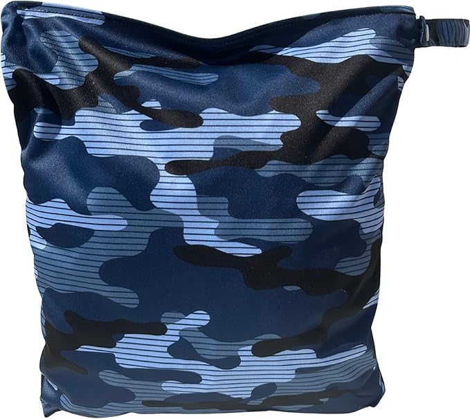 Wet Bag for Gym Clothes Blue Camo - 12.6" x 14.6" Waterproof, Smell Proof, Machine Washable Sweat Bags for Sweaty & Dirty Workout Gear, Dry Bags for Sports, Travel, Yoga, Swimsuits - Organizer