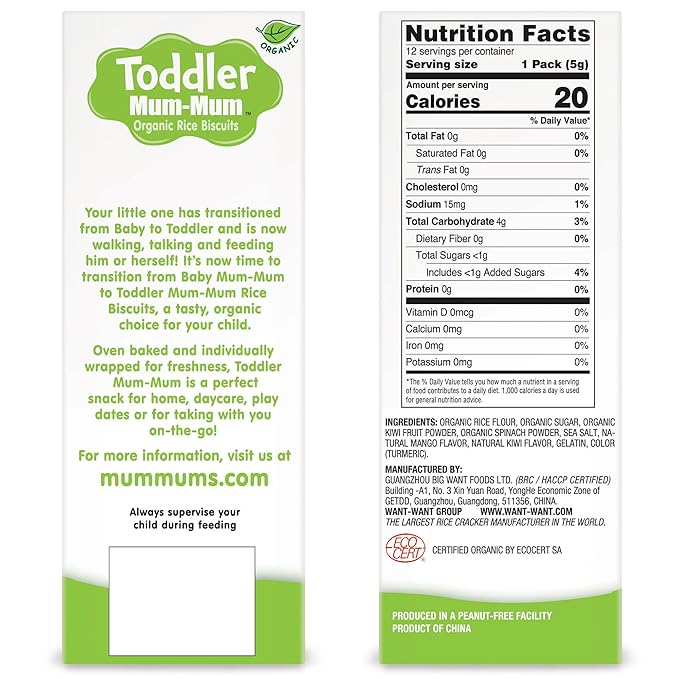 Toddler Mum-Mum Organic Rice Biscuits, Mango & Kiwi | 24 Count (Pack of 6) | Gluten Free, Allergen Free, Non-GMO | Toddler Snacks, Rice Rusk, Cracker, Cookies for Babies