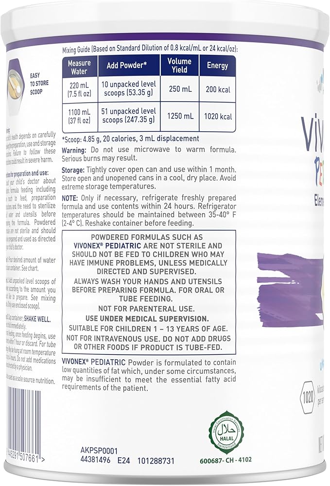 Vivonex Pediatric Elemental Powder, Hypoallergenic Formula for Children Ages 1-13,Tube Feeding or Oral Supplementation, Unflavored, 14.1 oz, Pack of 6