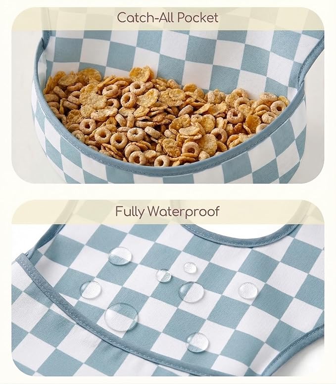 3-Pack Waterproof Baby Bibs for Eating - Mess Proof Lightweight Toddler Feeding Bibs with Large Food Catcher, Food-Grade Baby Eating Essentials, Easy to Put On & Clean(Black Cherkerd)