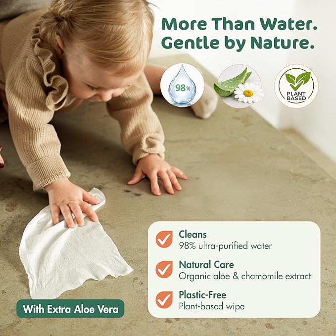 Naty Baby Wipes Aloe | 98% Water, Hypoallergenic & Natural for Sensitive Skin | Unscented, Plant-Based, Fragrance-Free | Plastic-Free & Compostable | Newborn & Toddler Wipes | 672 Count (12 Packs)