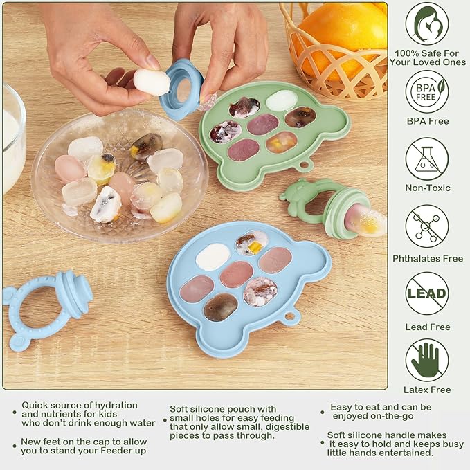 Baby Breastmilk Popsicle Molds & Babies Fruit Feeder (4 Pack), Infant Food Freezer Tray Storage Containers, Silicone Teething Pacifier Feeder and Teether for Babies,Baby Feeders（Green）