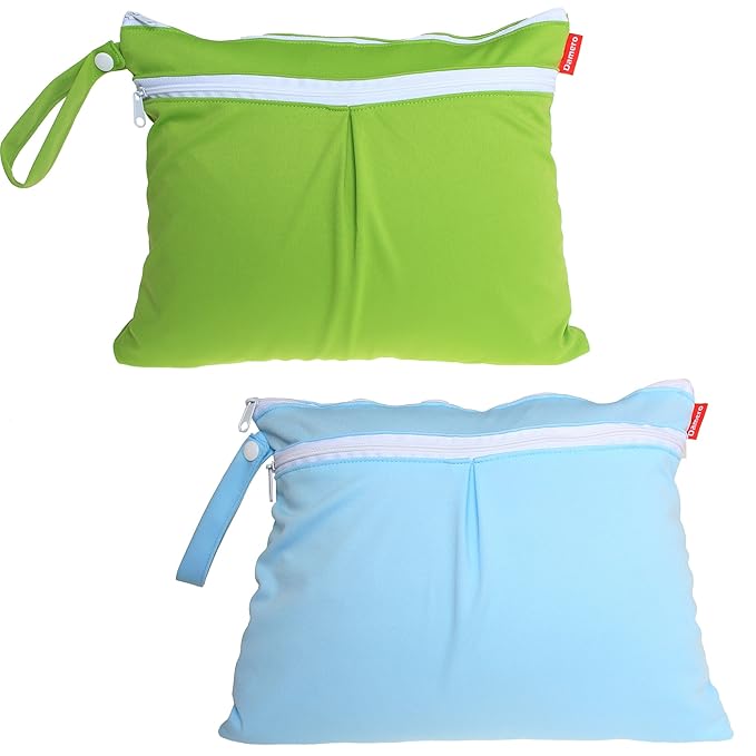 Damero 2Pack Waterproof Wet Bag, Reusable Wet Dry Bag Organizer for Travel, Beach, Diapers, Breast Pump Parts and Wet Swimsuits, Green+Blue
