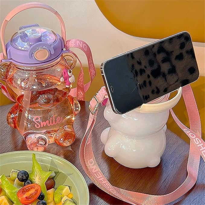 Kawaii Bear Straw Bottle, Cartoon Kids Water Bottle Bpa Free with Straw and Built in Carrying Loop, Adjustable & Removable Shoulder Strap, Made of Durable Plastic, Leak-Proof Design for Travel